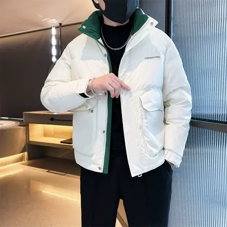 冬季新款立领工装大口袋轻熟羽绒服ins潮牌撞色高级感白鸭绒外套图片
