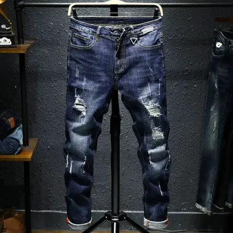 新款夏季破洞牛仔裤男小脚青年韩版潮流时尚学生弹力裤子男乞丐裤商品大图