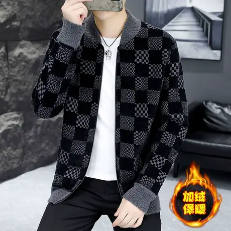 开衫毛衣男士潮流格子休闲棒球服秋冬季加绒加厚针织夹克外套保暖商品大图