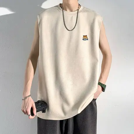 麂皮绒背心男款夏季宽松圆领上衣服纯色运动汗衫潮牌坎肩无袖T恤商品大图