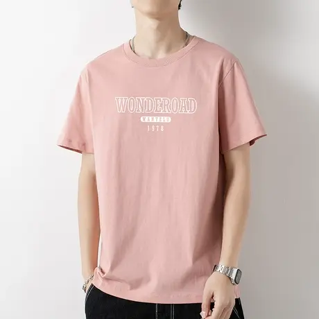 纯棉t恤男短袖粉色上衣服夏季潮牌潮流宽松圆领全棉半袖体恤男生商品大图