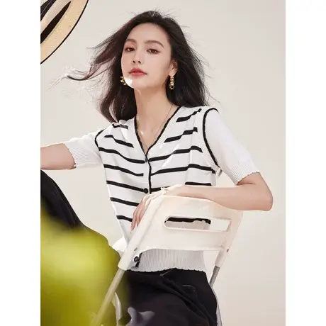 时尚气质短袖针织衫2023年夏季新款淑女温柔V领显瘦通勤百搭上衣商品大图