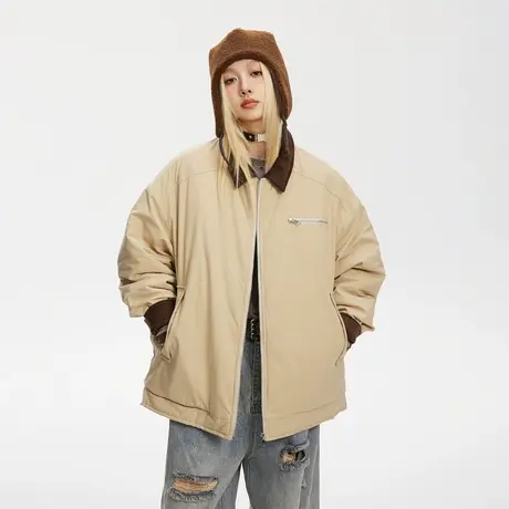 日系复古慵懒风保暖棉服女冬季夹棉外套2023新款潮牌宽松拼色棉衣商品大图