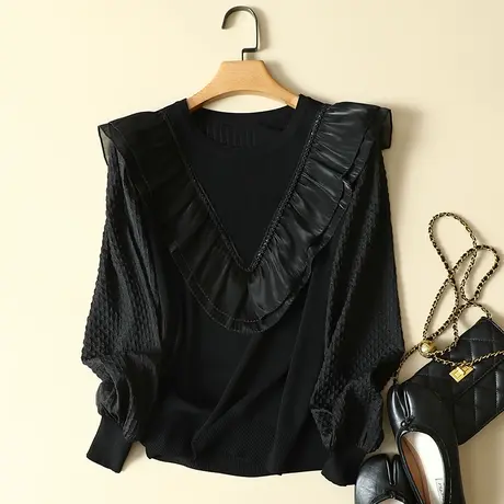 春装2024年新款雪纺袖冰丝针织衫女长袖上衣宽松蕾丝打底衫女洋气图片