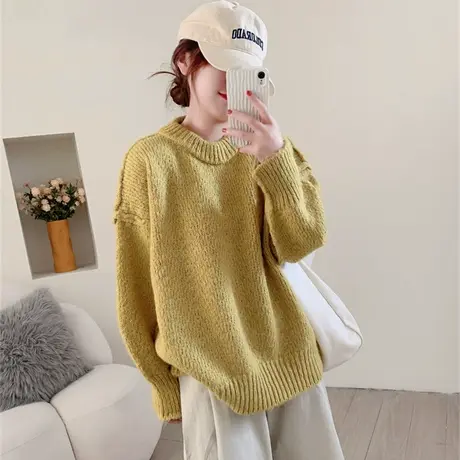 慵懒风复古宽松大版圆领毛衣女秋冬新款加厚外穿设计感针织衫上衣商品大图
