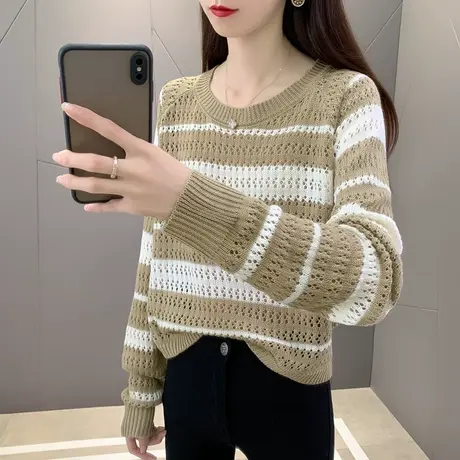 2023新款女士毛衣打底衫上衣套头修身长袖针织百搭圆领条纹显瘦商品大图