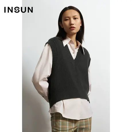 INSUN恩裳秋季无袖V领套头修身毛针织衫图片