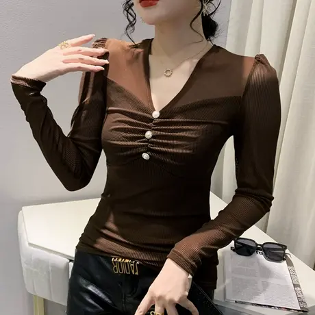 欧货网纱上衣女2024春秋新款性感V领打底小衫内搭长袖气质百搭T恤商品大图