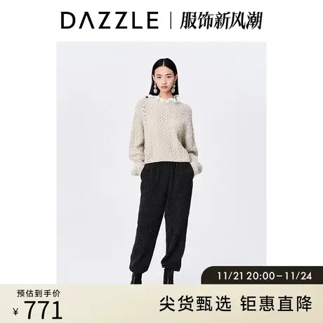 DAZZLE地素奥莱秋通勤深灰松紧腰粗花呢宽松束脚裤女图片