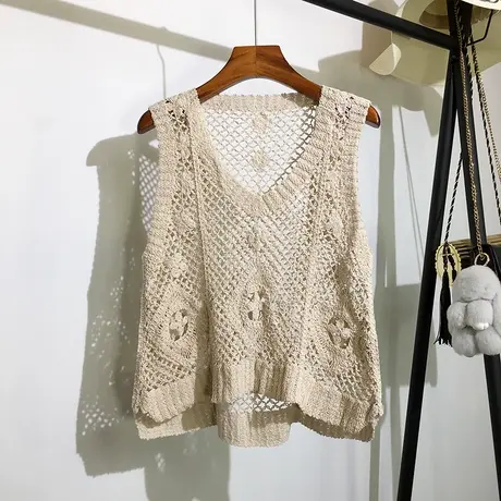 镂空针织马甲女夏季新款钩花百搭无袖坎肩毛线背心上衣外穿学院风商品大图