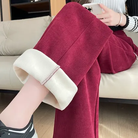 高腰阔腿裤女秋冬新款松紧抽绳宽松显瘦垂感直筒加绒加厚休闲裤子商品大图