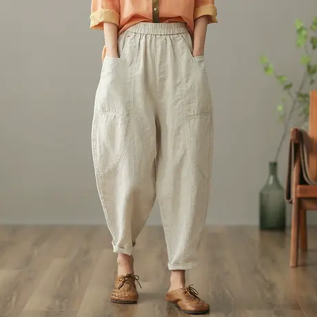dza 高腰显瘦亚麻休闲裤女2023夏九分直筒阔腿裤宽松哈伦裤棉麻裤图片