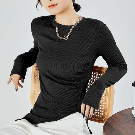 不规则针织打底衫女2022春秋季新款薄款长袖T恤修身内搭开叉上衣商品大图