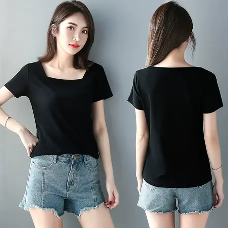罗纹黑色方领修身上衣女露锁骨夏季胖mm显瘦纯色简约百搭短袖t恤图片