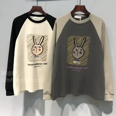 2023秋装新款可爱卡通小兔子韩版宽松中长款袖子拼色长袖卫衣女潮图片
