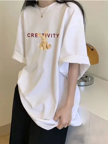 大码短袖T恤女白色美式复古oversize潮2023新款宽松遮肚半袖上衣图片