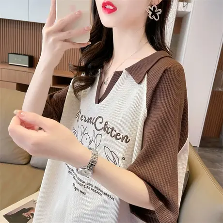 小众设计感华夫格短袖t恤女夏季韩版宽松拼色翻领polo衫上衣服潮商品大图