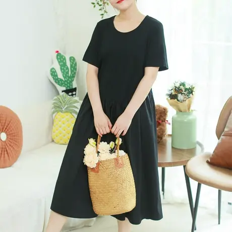 胖妹妹夏新品针织拼接复古连衣裙大码圆领优雅芭蕾裙图片