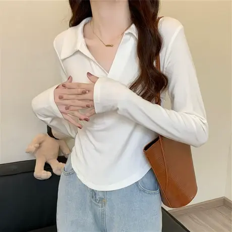 白色polo领长袖t恤女春秋冬新款修身内搭打底衫洋气短款辣妹上衣商品大图