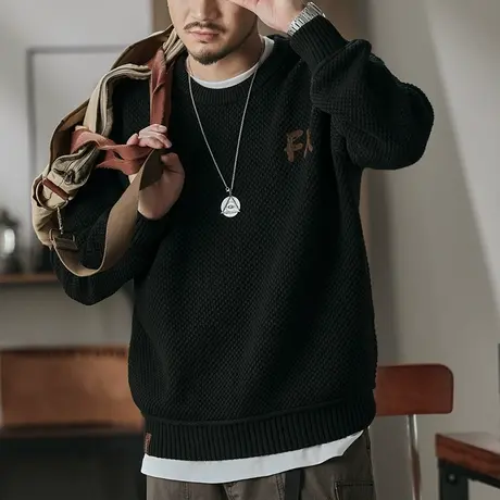 复古长袖毛衣休闲定制精梳混纺睛轮棉百搭秋冬圆领毛衣潮流男款商品大图