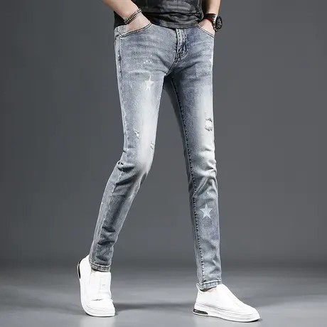 2023新款夏季破洞牛仔裤男修身小脚裤潮牌浅蓝色潮流男士裤子薄款商品大图