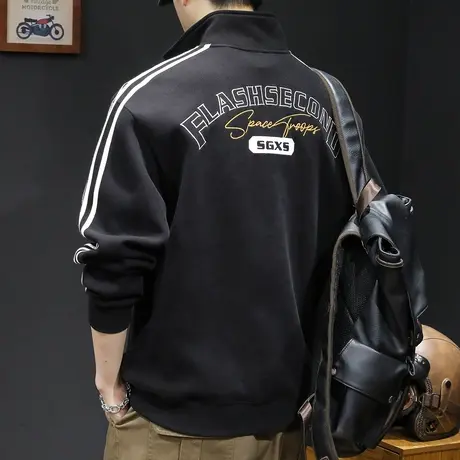 条纹半高领拉链潮牌卫衣男春秋款男款重磅衣服春季24新款长袖大码商品大图