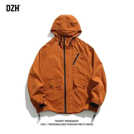 男士橘色冲锋衣男外套春秋款男装2023新款连帽工装夹克上衣登山服商品大图