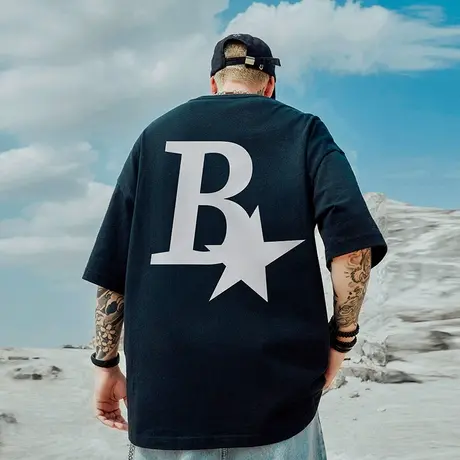 美式重磅潮牌宽松T恤胖子短袖男加肥加大五分袖字母大码男装夏季图片