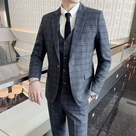 西装男套装结婚礼服艺考新郎西服三件套男修身韩版高级感格子厚款商品大图