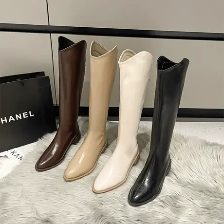 不过膝长靴女2024新款英伦尖头牛仔高筒棕色西部靴春秋显瘦骑士靴图片