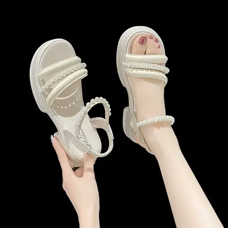 高跟凉鞋女夏季2024年新款百搭配裙子仙女风厚底珍珠露趾罗马女鞋商品大图