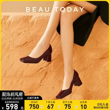 BeauToday法式复古方头玛丽珍女鞋BT新款真皮粗跟高跟鞋小皮鞋女图片