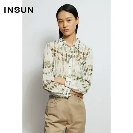 INSUN恩裳秋季复古印花桑蚕丝修身衬衫图片
