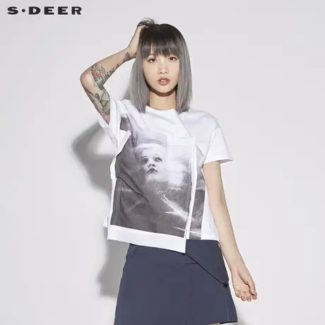 sdeer 🐬圣迪奥 🐭女装休闲宽松人像印花短袖T恤S18280156商品大图