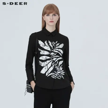 sdeer圣迪奥女装春装翻领白色印花基本款长袖黑色衬衫S20380511图片