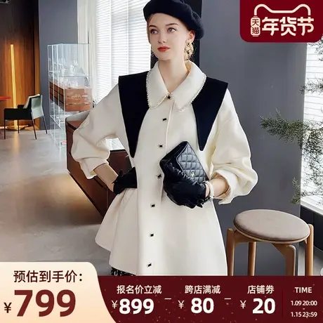 粉红大布娃娃优雅气质大翻领双面呢大衣中长款甜美淑女外套2022春图片