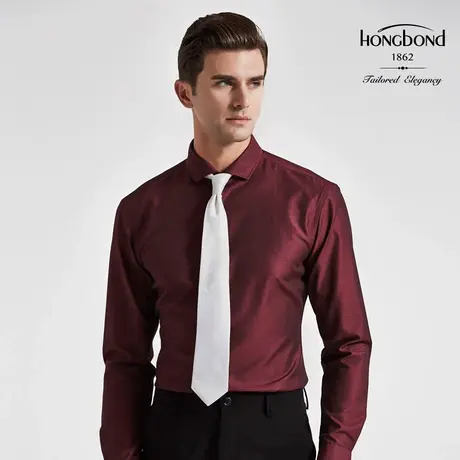 红邦创衣 秋冬新款酒红色菱形提花商务休闲衬衫男 修身易打理正装图片