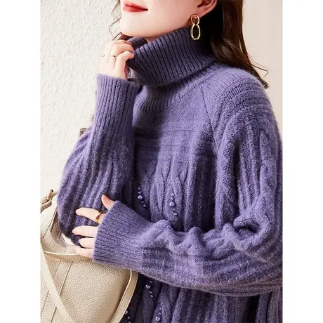 红色高领针织长袖毛衣女2023年新款女装时尚大码胖mm宽松长袖上衣图片