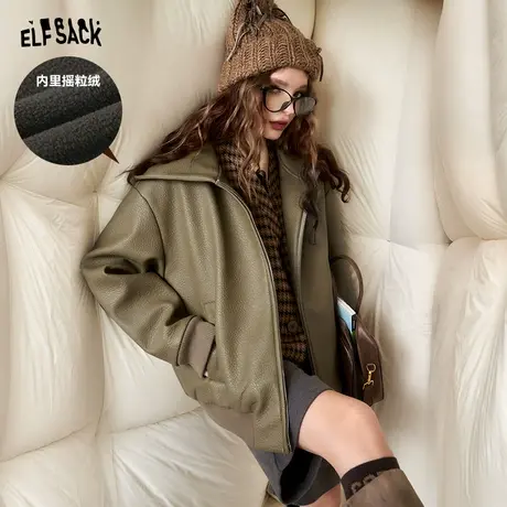 妖精的口袋加厚皮衣外套女2024早春新款小个子设计感保暖加绒夹克商品大图