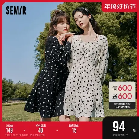森马连衣裙女肌理木耳边碎花裙气质2022秋季新款温柔风收腰方领裙图片