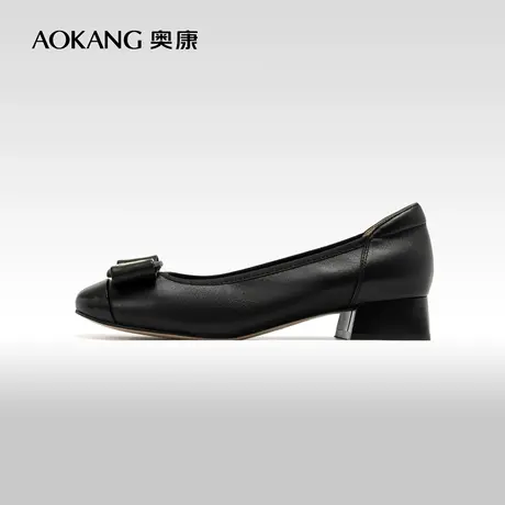 奥康女鞋 新款蝴蝶结真皮浅口单鞋通勤职场粗跟舒适时尚商品大图