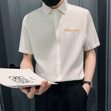 夏季男士短袖衬衫新款小众潮牌竖条发型师休闲Iins潮男中袖衬衣商品大图