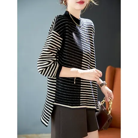 宝诗黎圆领条纹宽松设计感毛衣女2024春秋新款长袖慵懒休闲针织衫商品大图