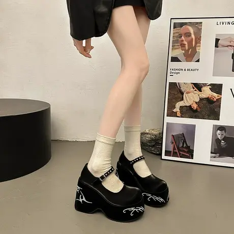 玛丽珍单鞋女2024年新款厚底高跟小个子小皮鞋黑色小众浅口高跟鞋商品大图