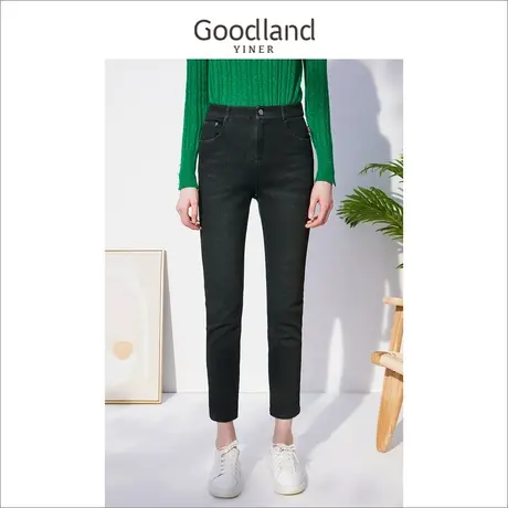 *Goodland美地女装冬季显瘦紧身烟管裤高腰暖姜绒锥形牛仔裤商品大图