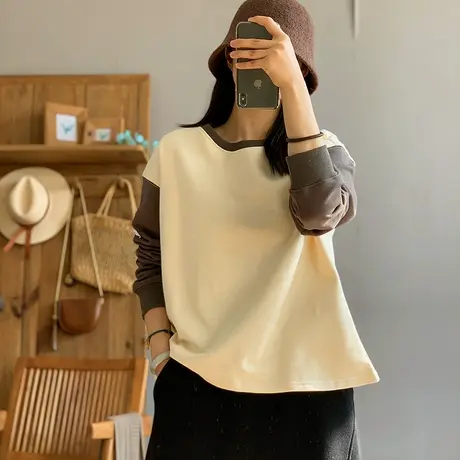 dza 复古针织拼接加绒女士卫衣秋冬新款宽松内搭打底长袖圆领外套图片