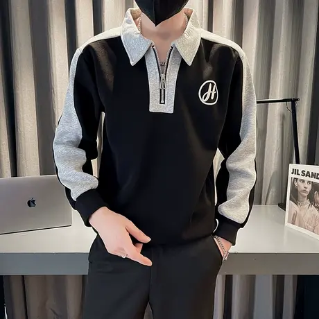 美式半拉链卫衣POLO衫男秋季个性潮牌复古拼接休闲翻领长袖上衣商品大图