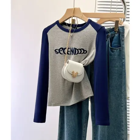 撞色内搭打底衫刺绣上衣女秋2023新款修身显瘦甜辣妹外穿长袖T恤商品大图