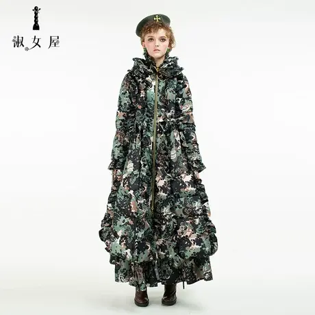 淑女屋2019冬季新品军绿迷彩降落伞荷叶边系带超长羽绒服外套商品大图