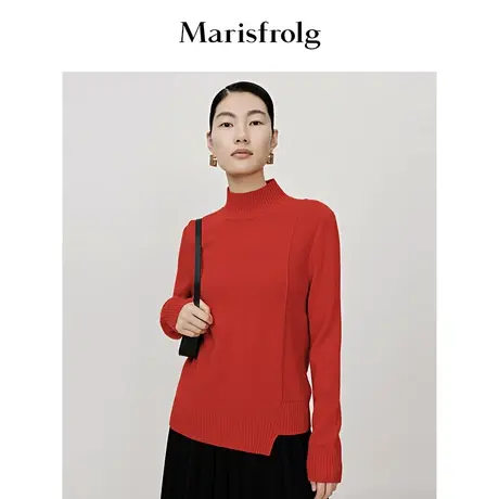 【会员秒杀】玛丝菲尔春季新款大红色半高领下摆不对称式毛衣商品大图